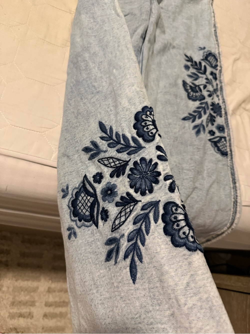 DRIFTWOOD Light Blue Wide-Leg Jeans with Navy Floral Embroidery - Picture 2 of 5